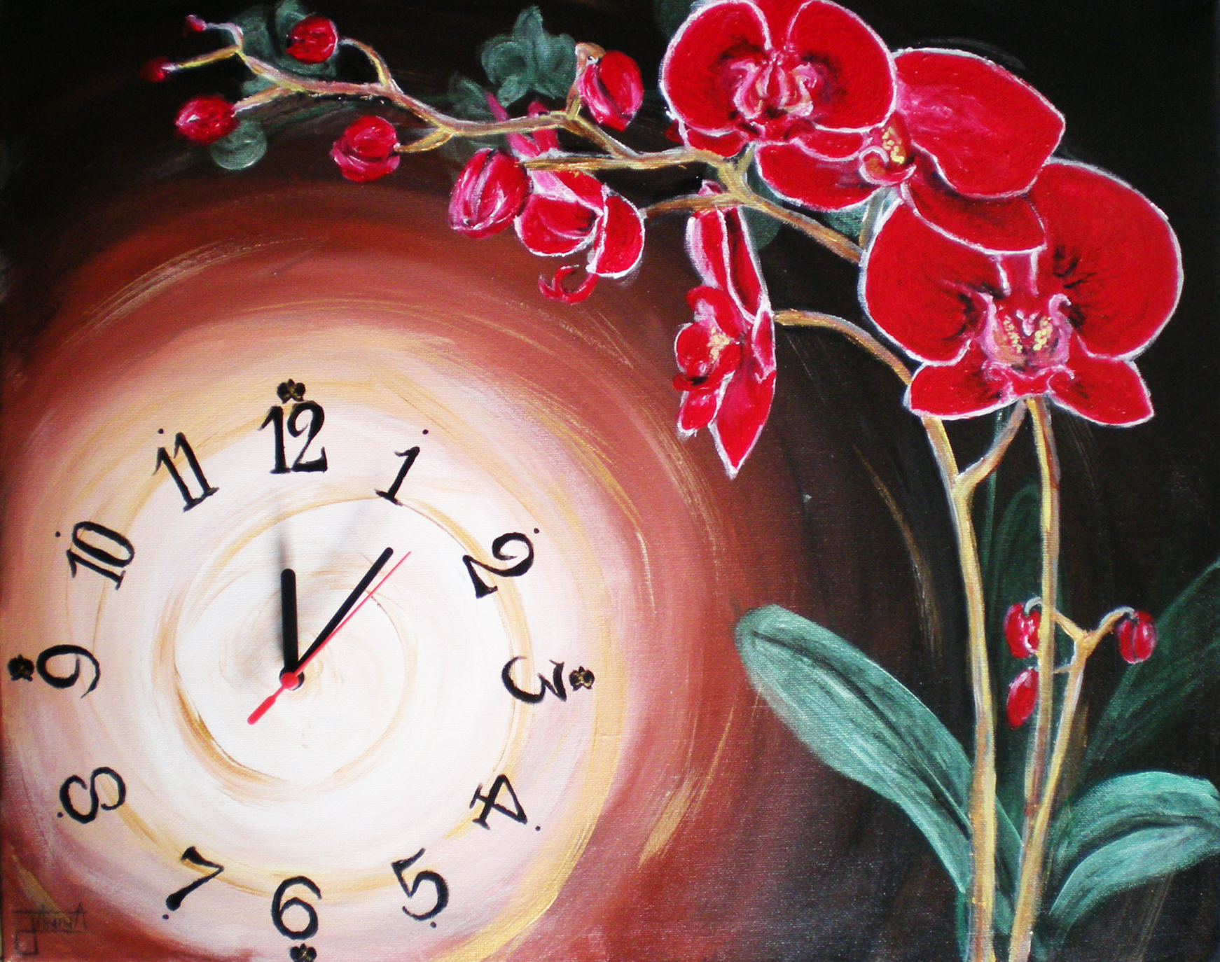 Obraz s hodinami červená orchidea